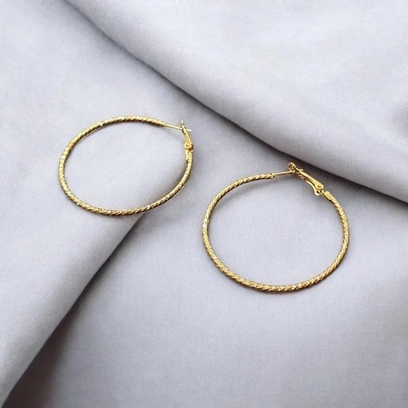 Gold Plated Textured Hoop Earrings - Picture 2 of 2